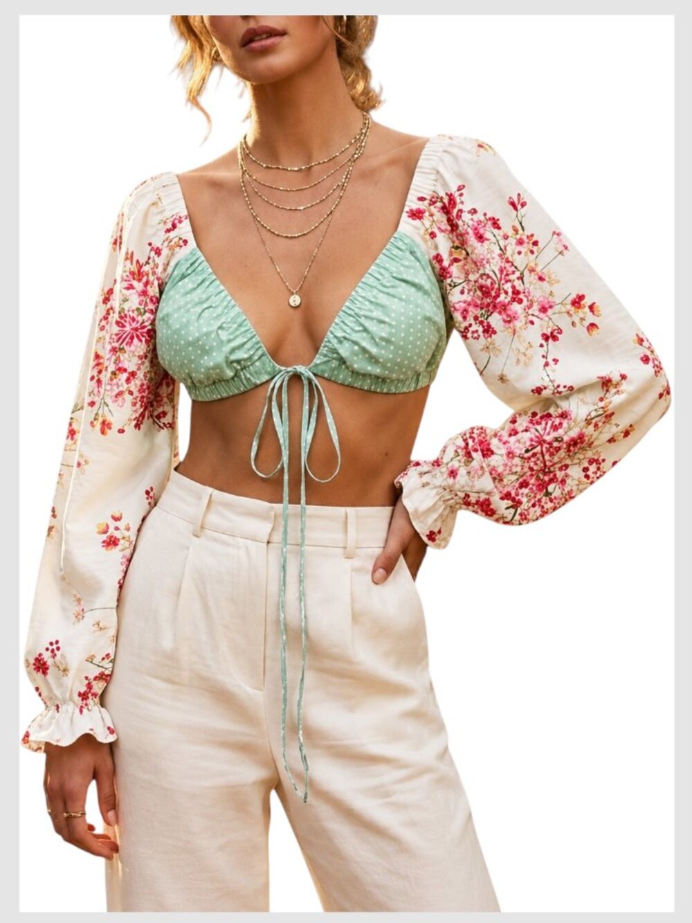 O.Vianca Crop Top Green Floral Tie Front Puff Sleeve S